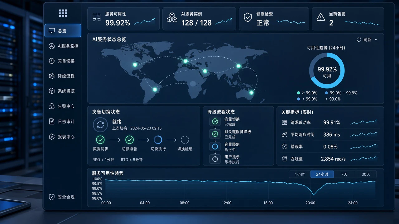 AI服务中断后,企业采购如何重审SLA与灾备预案插图1 企业运维人员监控AI服务状态与灾备切换流程示意图