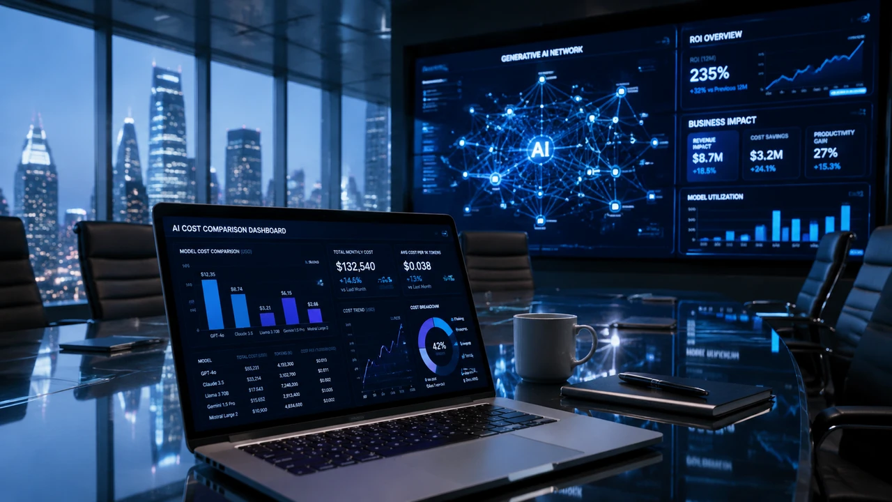 OpenAI降价高达90%争夺企业大单:非科技企业ROI隐忧与大模型价格战走向插图1 企业会议室中展示AI成本对比与ROI指标的分析屏幕
